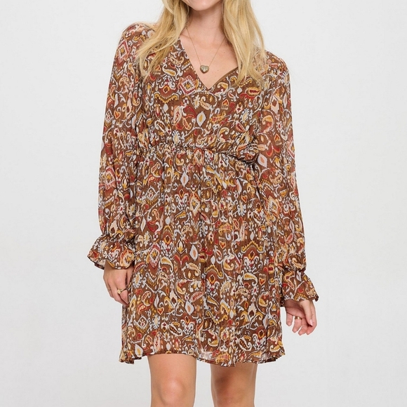 ACTIVE USA Nwot Long Sleeve Paisley Fit & Flare Mini Dress, Boho Cowgirl, L - Picture 2 of 16